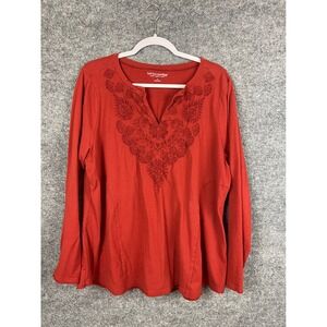 Soft Surroundings Top Women's 1X Red Embroidered Split Neck Cotton
